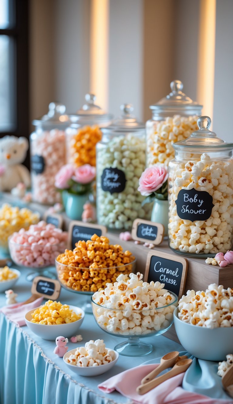 A colorful popcorn bar with various flavored popcorns arranged in jars and bowls, decorated with baby shower-themed pastel colors and small decorative items.